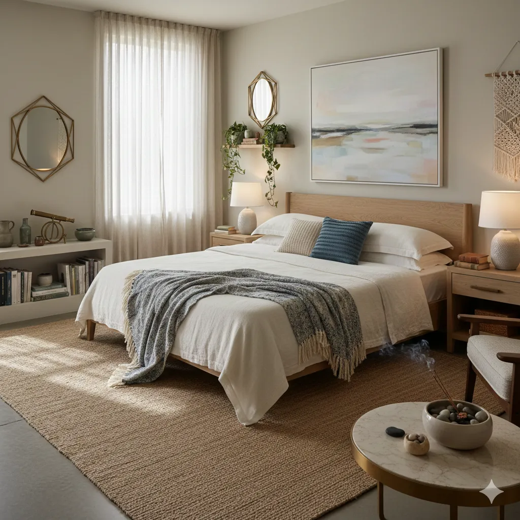 Serene bedroom with carefully placed decorative items