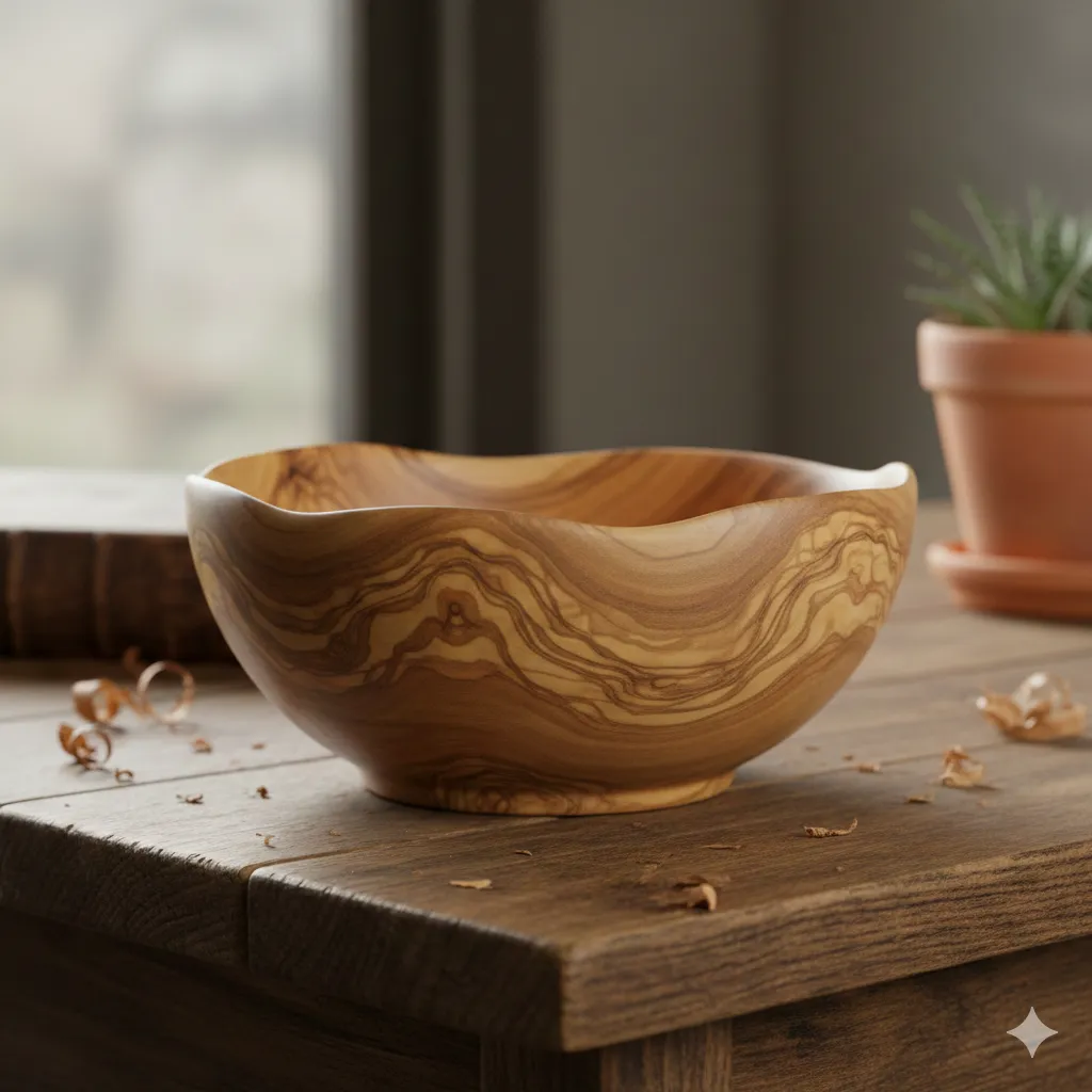 Hand-turned wooden bowl with natural grain
